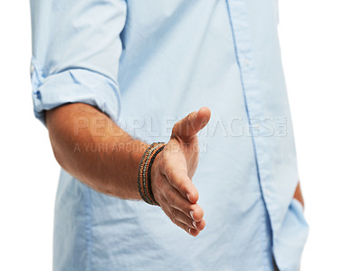 Buy stock photo Cropped image of man offering you a handshake while isolated on a white background