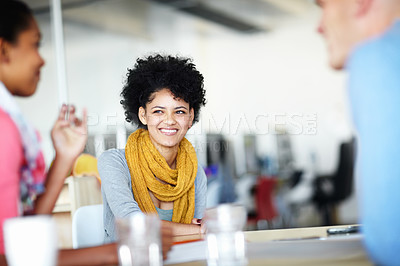 Buy stock photo Diversity, smile and friends conversation together at table for teamwork, meeting or support. Employee collaboration, business people talking and happy planning business idea or success motivation 