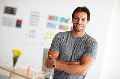 Buy stock photo Creative, company and portrait of man with arms crossed for work, pride and career at startup office. Designer, face and employee with confidence at job for agency, business or entrepreneur in Canada