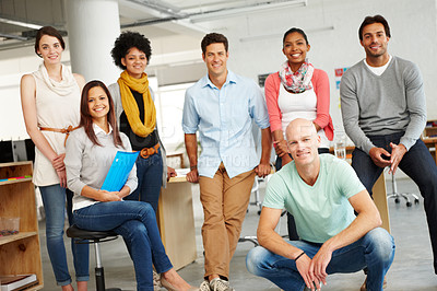 Buy stock photo Portrait of a smiling group of multi-ethnic people in a work environment 