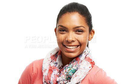 Buy stock photo Close up of a smiling young woman against a white background 