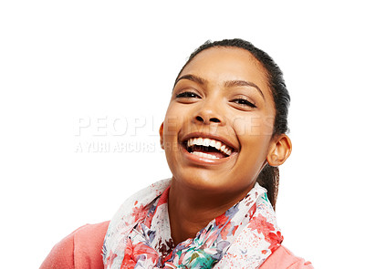 Buy stock photo Close up of a laughing young woman against a white background 