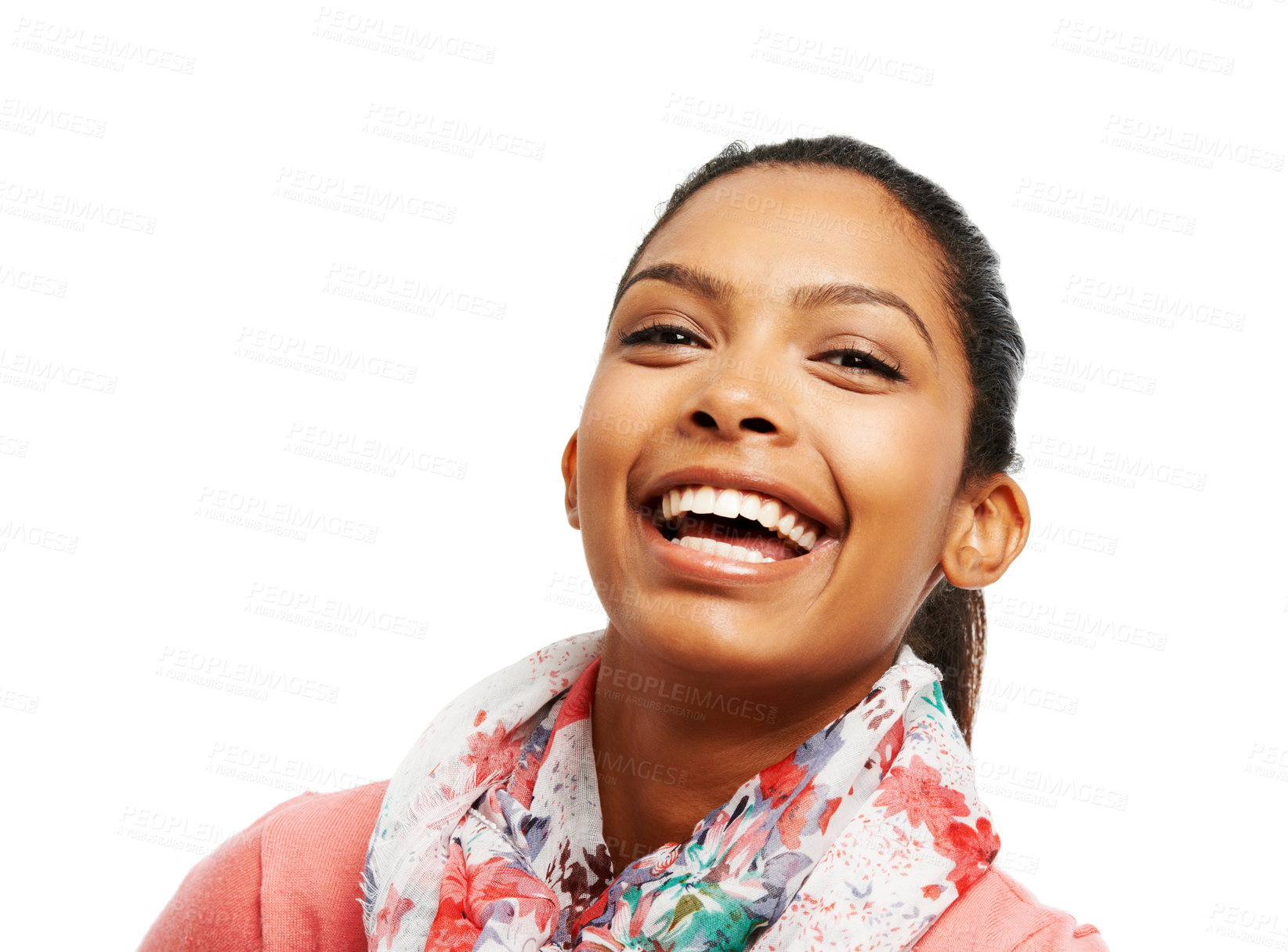 Buy stock photo Close up of a laughing young woman against a white background 