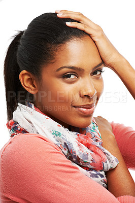 Buy stock photo Portrait of a beautiful young woman posing with hand on her head