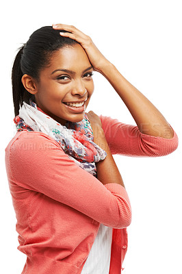 Buy stock photo Portrait of a beautiful young woman posing with hand on her head