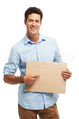 Buy stock photo Man, studio and point at blank cardboard, portrait and mockup space for vote by white background. Person, poster or sign for choice, review or smile with info, deal or recruitment for creative agency