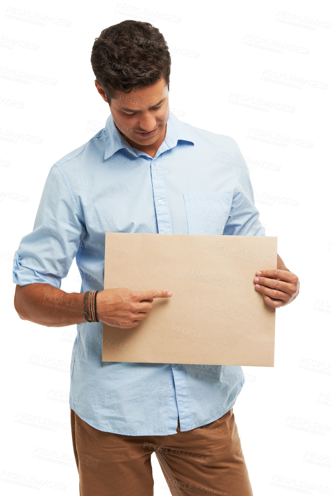 Buy stock photo Man, studio and point at blank poster, choice and mockup space for vote by white background. Person, cardboard or sign for decision, review and smile with info, deal or recruitment to creative agency