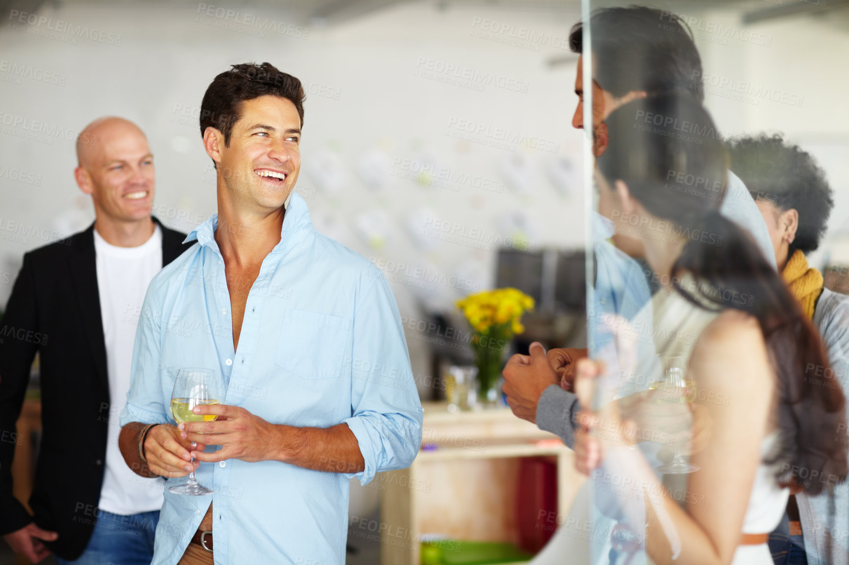 Buy stock photo Office, business people and laughing with glass of wine, conversation and enjoying annual party. Colleagues, design team or celebrate with alcohol for startup success, work culture or creative agency