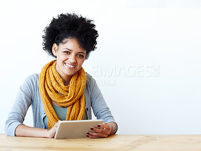 Buy stock photo Tablet, online and woman portrait isolated on wall background for college, university or studying mockup. E learning, scholarship and happy face of african person on digital technology or web mock up