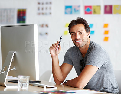 Buy stock photo Computer, pen and portrait of man for creativity, ideas and planning for online career, graphic design and website. Creative, face happy person on desktop pc, startup business and workspace or office