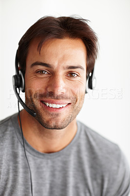Buy stock photo Portrait, call center and consultant man isolated on white background in virtual communication or technical support. Face of business agent or happy telecom person for telemarketing in studio mockup