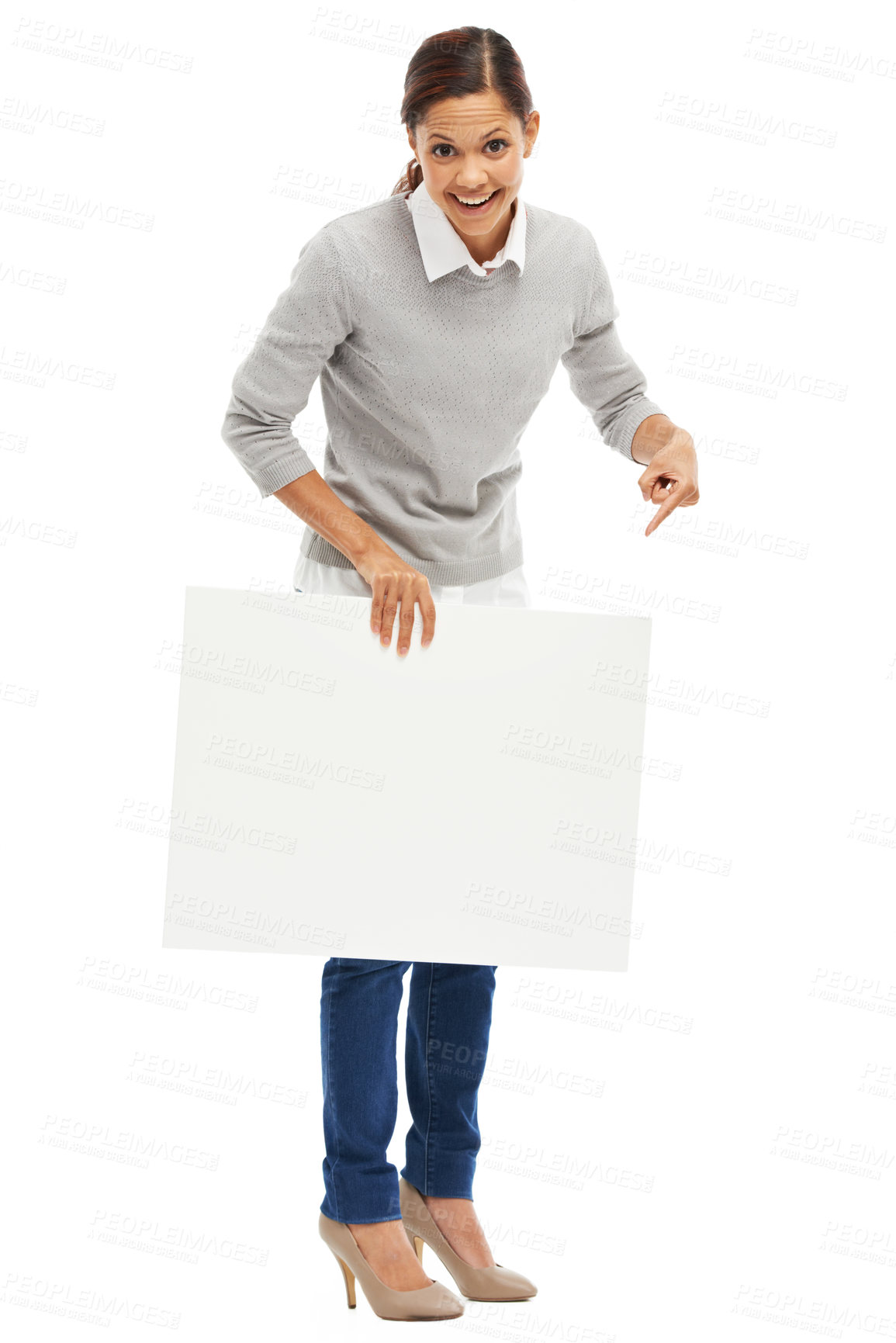 Buy stock photo Studio, pointing and portrait of woman with poster mockup for deal, promo or happy news announcement. Signage, card and girl showing sign for sale, discount or product info on white background space