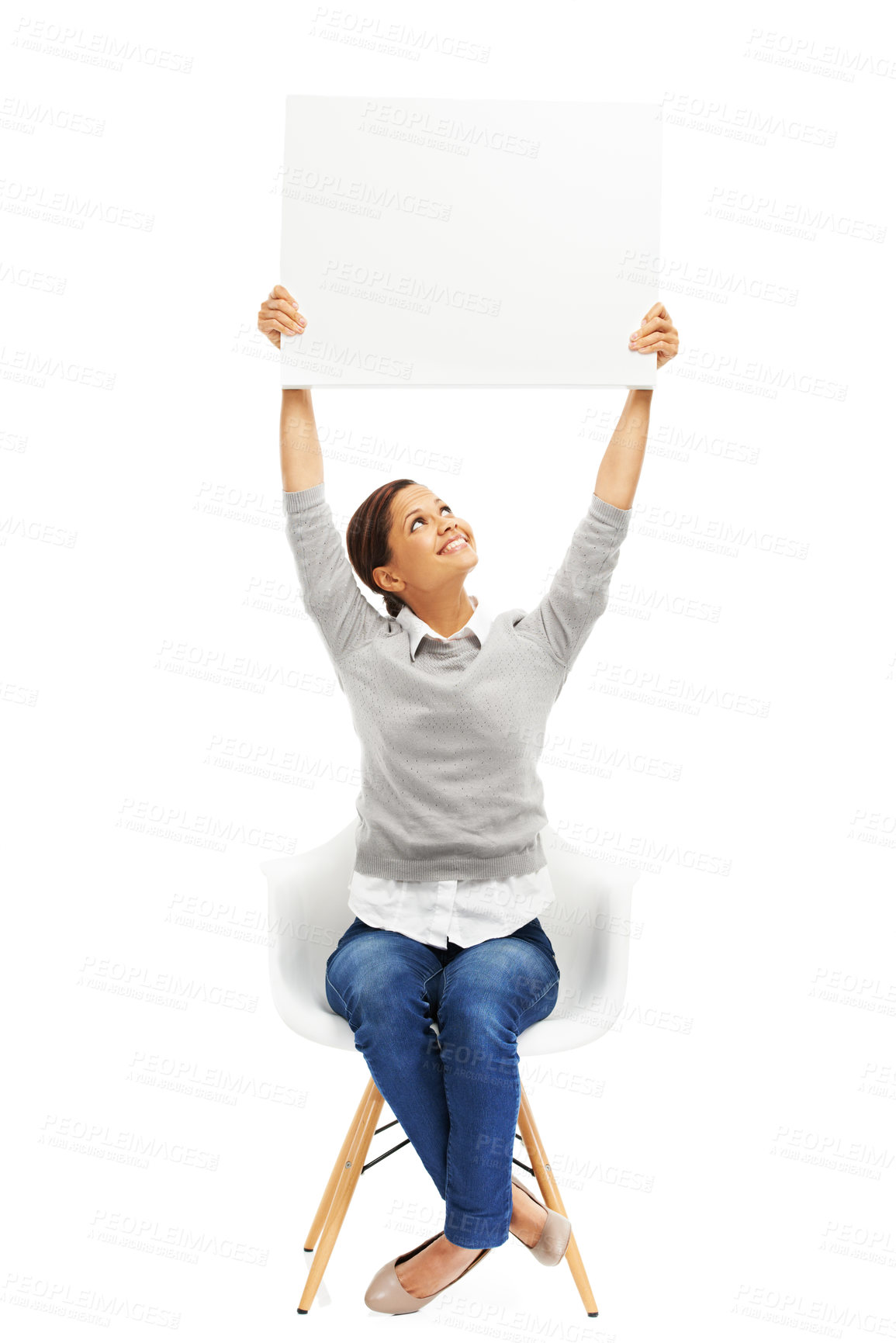 Buy stock photo Studio, chair and woman with blank poster for deal, promo or happy news announcement on mockup sign. Signage, card and girl with billboard for sale, discount or product info on white background space