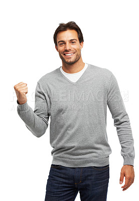 Buy stock photo Cheerful, excited and man in studio for celebration, achievement and winning in creative agency. Happy winner, male person and yes with fist gesture by white background for victory, target or success