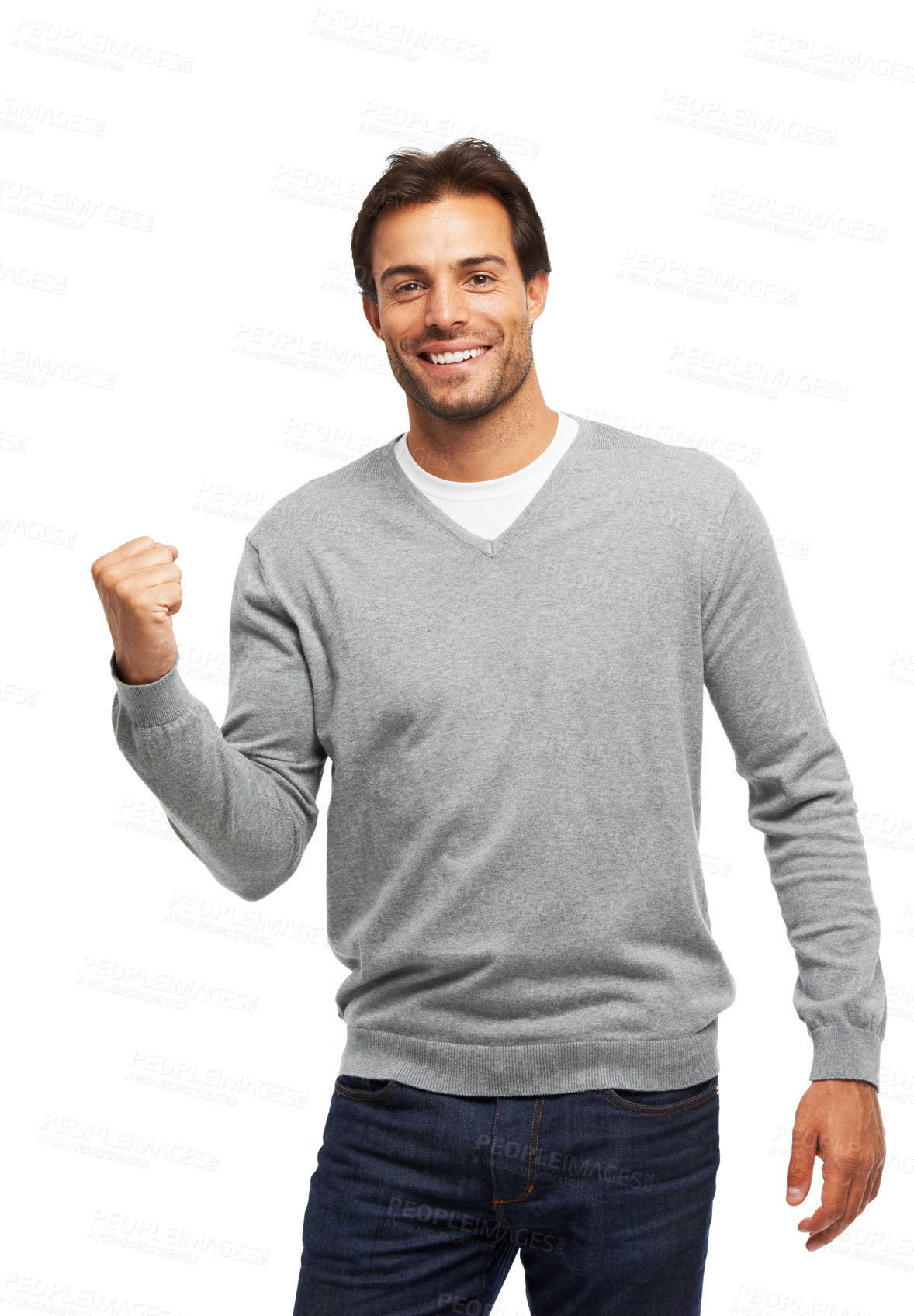 Buy stock photo Cheerful, excited and man in studio for celebration, achievement and winning in creative agency. Happy winner, male person and yes with fist gesture by white background for victory, target or success