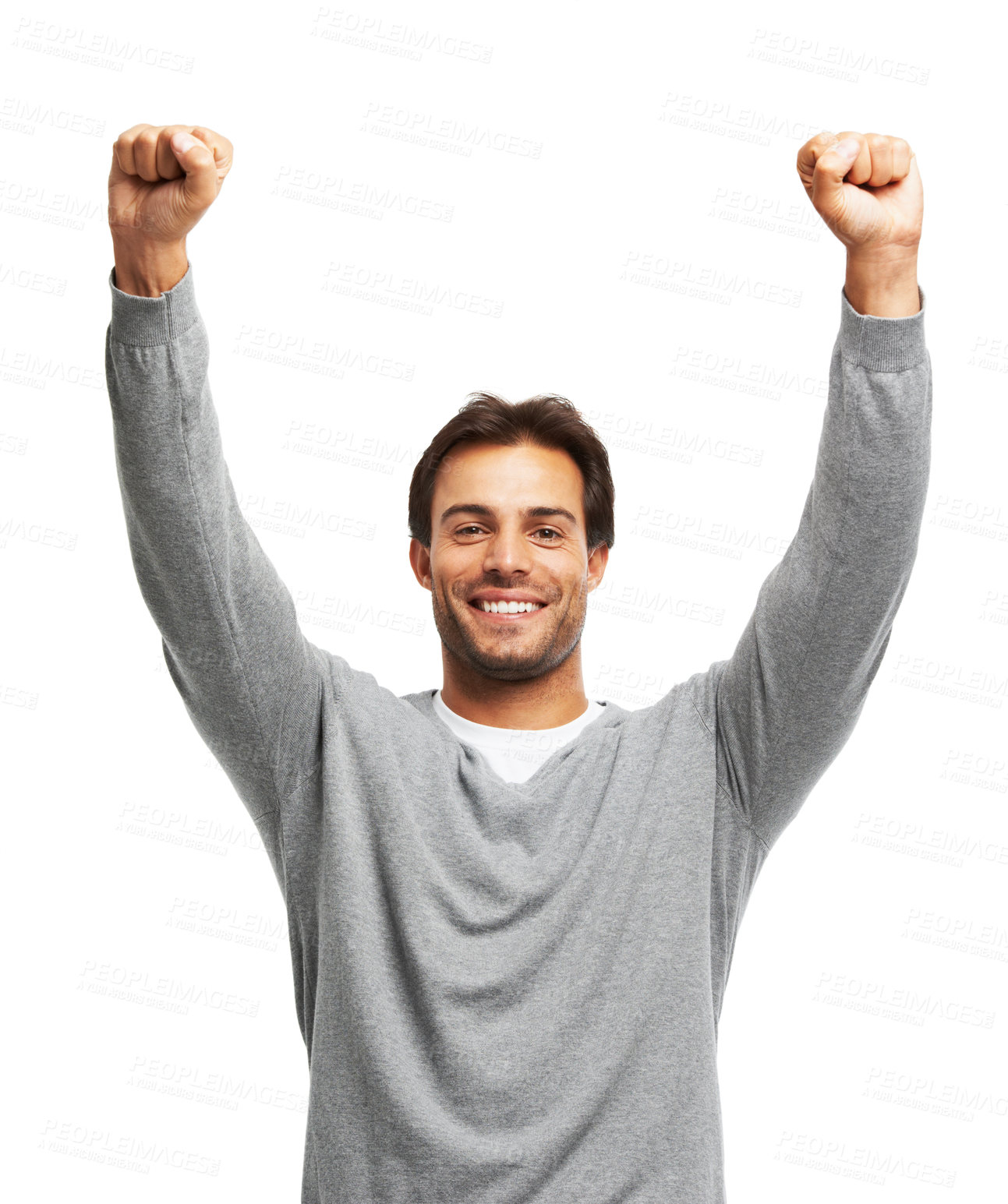 Buy stock photo Cheerful, excited and man in studio for success, achievement and celebration in creative agency. Happy winner, male person and yes with fist gesture by white background for victory, target or winning