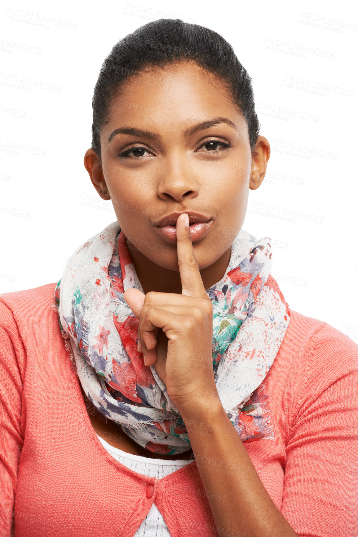 Buy stock photo Woman, portrait and finger for silence in studio, secret and privacy emoji on white background. Female person, shush and whisper information or confidential gossip, mystery and mute rumor in Jamaica