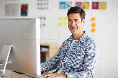 Buy stock photo Graphic designer, man and portrait in office with computer for process, smile and problem solving at company. Person, employee and happy with pc for project management at creative agency in Spain