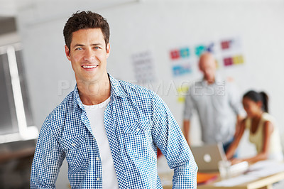 Buy stock photo Happy, startup and portrait of businessman in office with company pride, confidence and smile. Creative, advertising agency and face of person in coworking space for design career, job and working