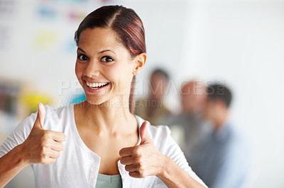 Buy stock photo Thumbs up, meeting and portrait of business woman in office for bonus, promotion and approval. Creative company, startup and person with space, sign and hand gesture for agreement, yes and like emoji