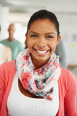 Buy stock photo Creative, portrait and woman in office with smile, career and collaboration meeting at startup workshop. Project, pride and happy designer with professional confidence in teamwork at digital agency