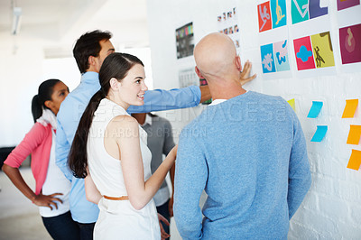 Buy stock photo Planning, teamwork and business people on whiteboard for company strategy, project collaboration and creative communication. Art gallery, brainstorming and startup employees for design branding ideas