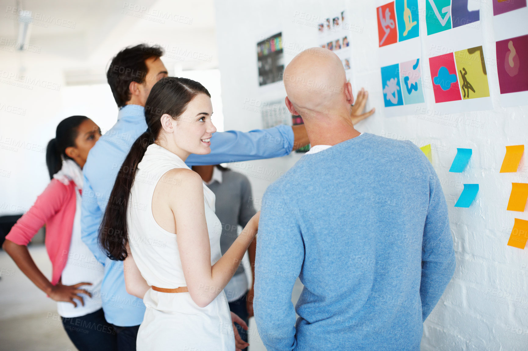 Buy stock photo Planning, teamwork and business people on whiteboard for company strategy, project collaboration and creative communication. Art gallery, brainstorming and startup employees for design branding ideas