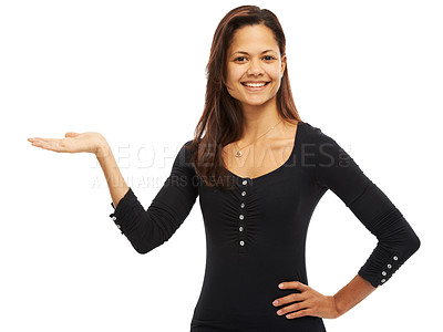 Buy stock photo Startup, happy woman or portrait in studio with offer, opinion or choice for investment. Person, gesture or advice on white background for small business funding with space for product placement