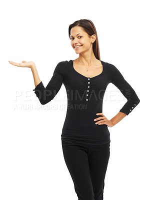 Buy stock photo Studio, portrait and businesswoman with hand for promotion, decision and choice for sales offer. Mockup space, female person and pride with gesture for announcement, advertising and white background