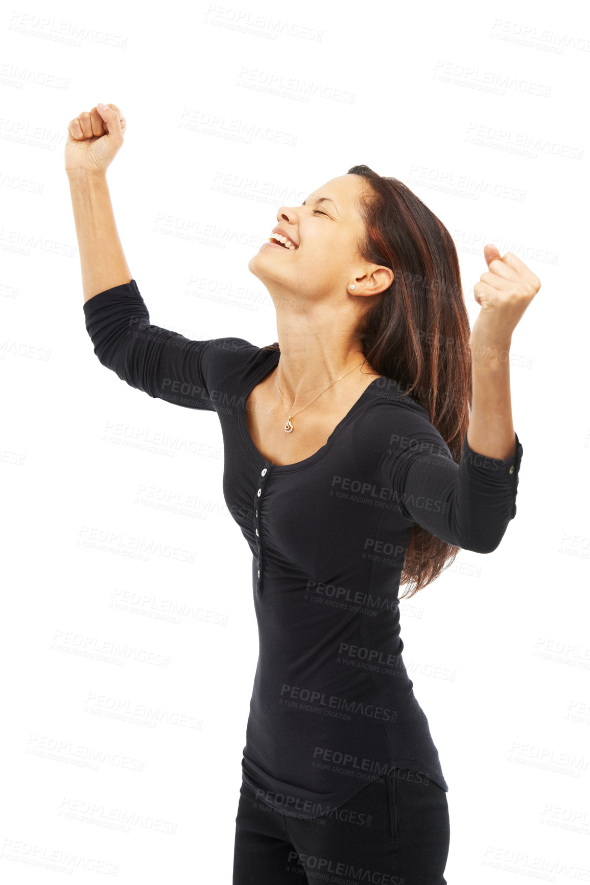 Buy stock photo Cheers, winning and happy woman celebrate success, lottery and victory. Goal achievement, yes and person fist pump for bonus, promotion or excited for good news isolated on white studio background