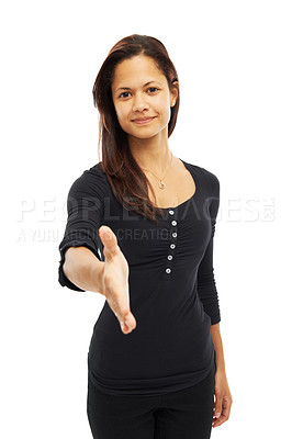 Buy stock photo Woman, studio and smile with handshake on portrait for partnership, deal and agreement on white background. Female person, employee and retail store manager with welcome and thank you for service