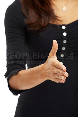 Buy stock photo Woman, studio and hand with welcome for partnership, deal and agreement on white background. Female person, employee and retail store manager with offer, opportunity  and thank you for service