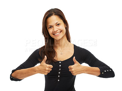 Buy stock photo Girl, thumbs up and laugh in studio portrait with happiness, confidence or success on white background. Woman, model and student with smile, hand gesture or agreement for winning, goal or achievement