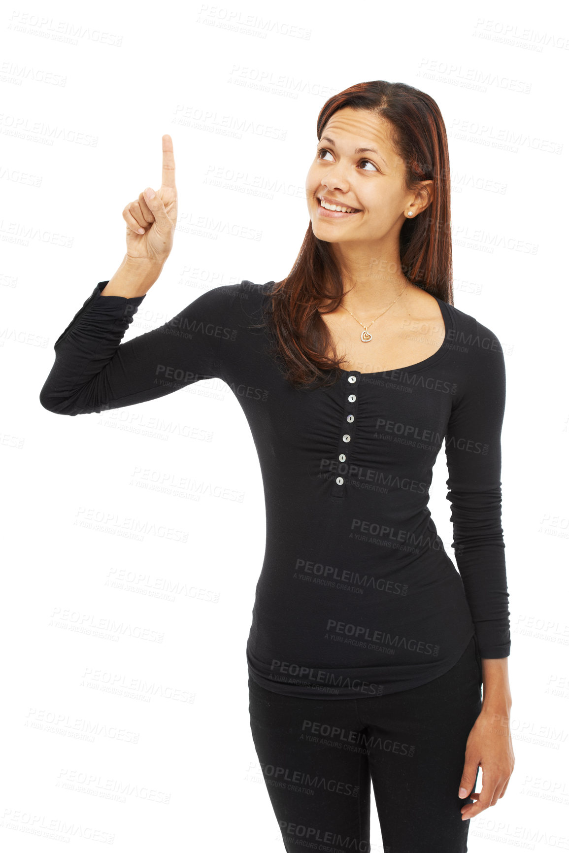 Buy stock photo Studio, smile and businesswoman with choice for decision, promotion and offer for sales. Mockup space, female person and pride with hand gesture for announcement, advertising and white background