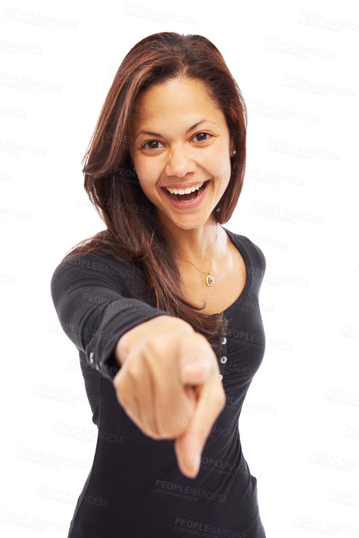 Buy stock photo Happy woman, portrait and pointing to you with finger for choice, selection or pick on a white studio background. Young, female person or brunette model with smile for nomination, decision or option