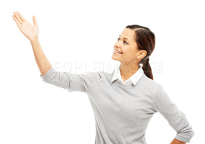 Buy stock photo Woman, happy or option in studio for business, funding offer or startup opportunity. Entrepreneur, hand gesture or smile on white background space for choice, financial advice or product placement