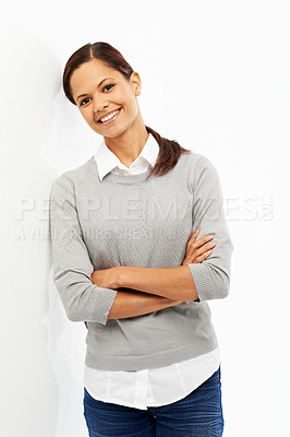 Buy stock photo Portrait, happy and business woman with arms crossed in studio isolated on white background wall. Face, smile and creative entrepreneur, confident professional or magazine editor with pride in Mexico