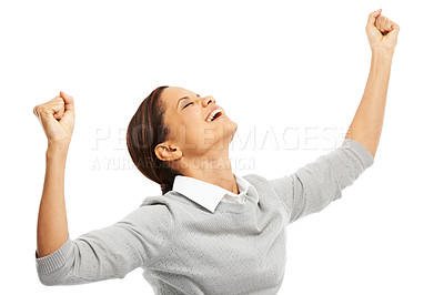 Buy stock photo Fist pump, winning and happy woman celebrate success, betting and reward. Goal achievement, yes and person cheers for bonus, promotion and excited for good news isolated on white studio background