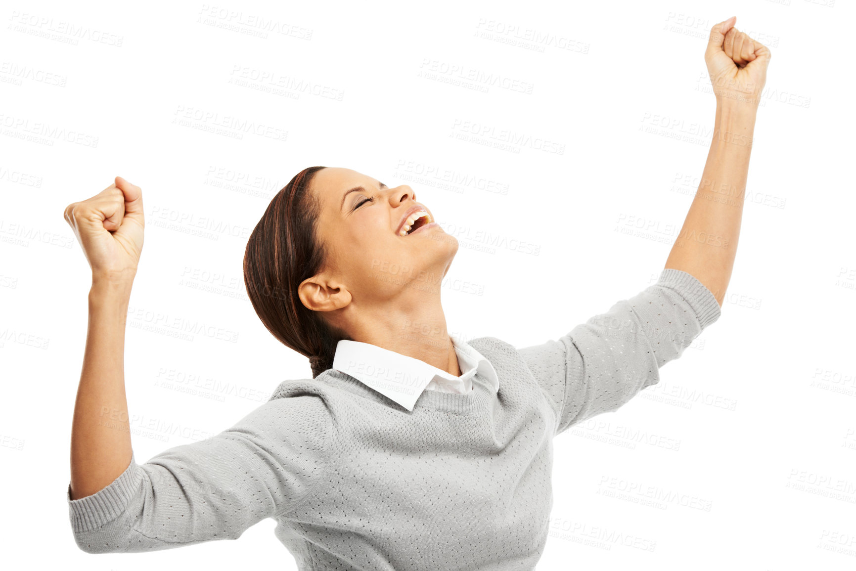 Buy stock photo Fist pump, winning and happy woman celebrate success, betting and reward. Goal achievement, yes and person cheers for bonus, promotion and excited for good news isolated on white studio background