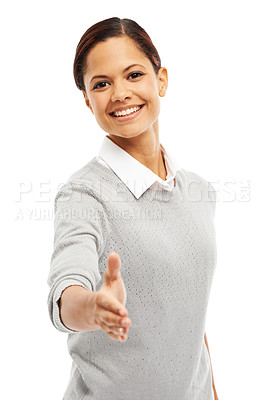 Buy stock photo Woman, studio and smile with handshake on portrait for partnership, deal and agreement on white background. Female person, employee and retail store manager with welcome and thank you for service