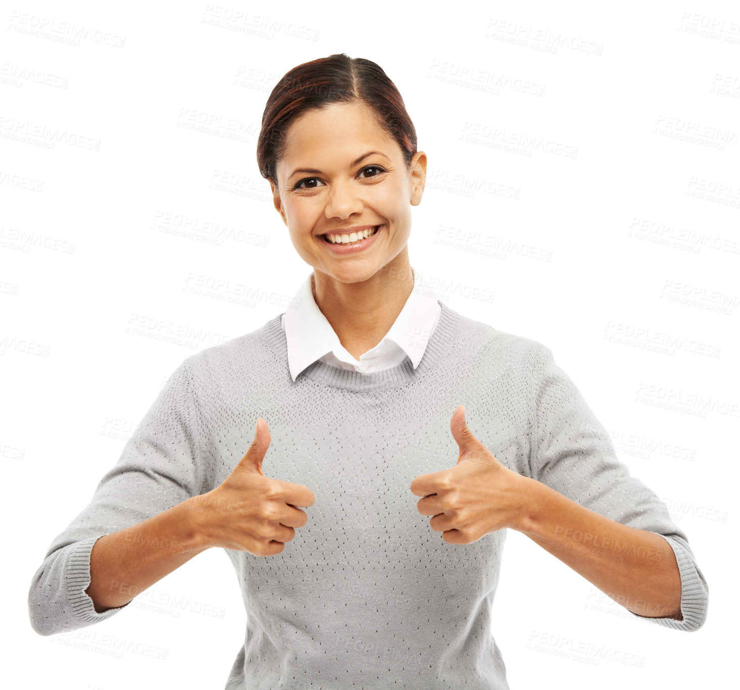 Buy stock photo Woman, thumbs up and achievement in studio portrait with happiness, confidence or success on white background. Girl, model and student with smile, hand gesture or agreement for winning, goal or win