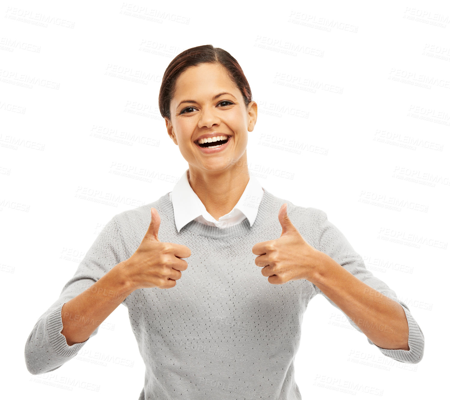 Buy stock photo Woman, thumbs up and laugh in portrait with happiness, confidence or success on white studio background. Girl, model and student with smile, hand gesture or agreement for winning, goal or achievement