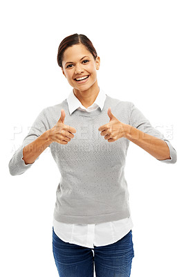 Buy stock photo Girl, thumbs up and laugh in portrait with happiness, confidence or success on white studio background. Woman, model and student with smile, hand gesture or agreement for winning, goal or achievement