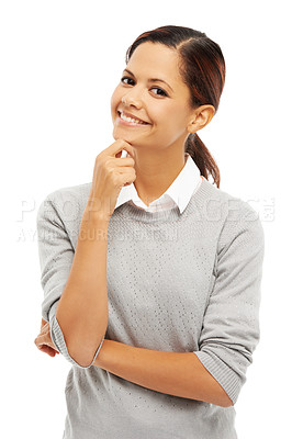 Buy stock photo Thinking, portrait and woman with smile, problem solving and solution or planning ideas. Pensive question, thoughtful and model focus on info, choice or vision isolated on white studio background