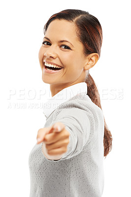 Buy stock photo Portrait, woman and pointing for decision in studio of recruitment, job offer and announcement success. Excited, person and hand gesture of hiring welcome, promotion opportunity and white background