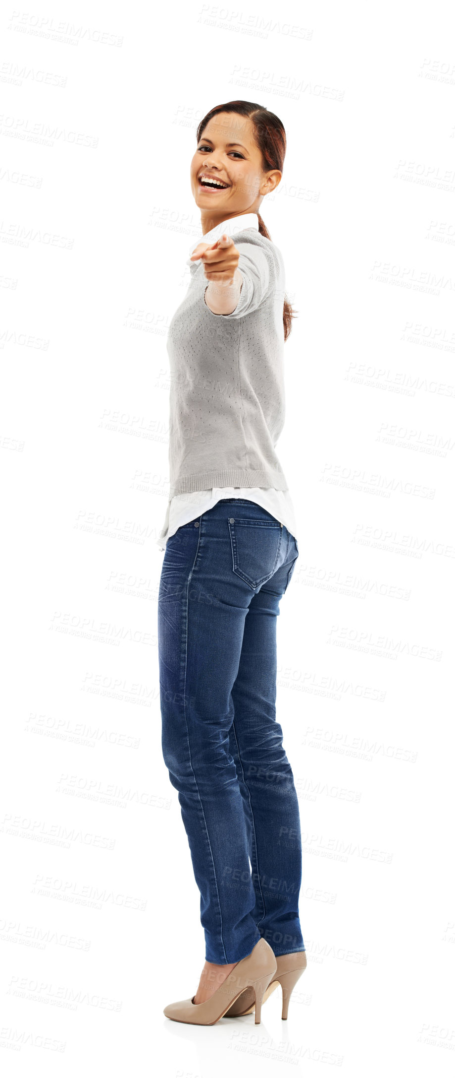 Buy stock photo Pointing, woman and portrait for choice in studio of recruitment news, job offer and announcement success. Smile, person and hand gesture of hiring welcome, promotion opportunity and white background