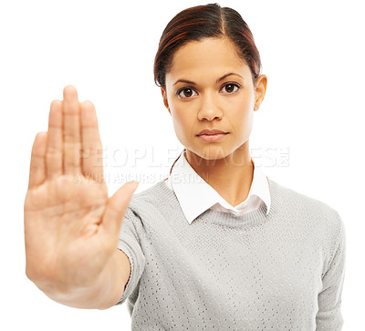 Buy stock photo Stop sign, portrait and woman with hand gesture in studio for violence protest, fight warning and vote human rights. Female person, palm and conflict caution, censored and rally on white background