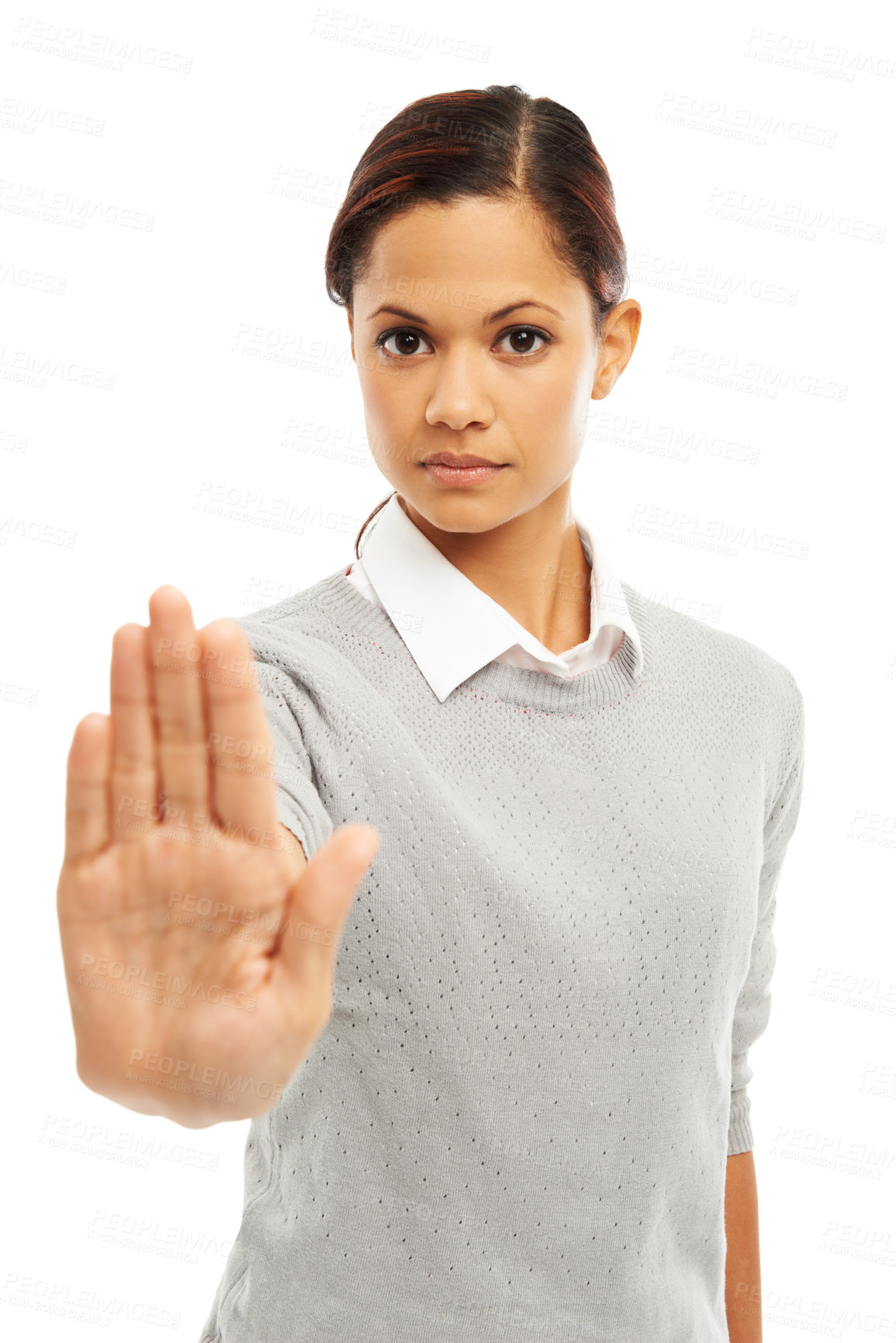 Buy stock photo Stop sign, portrait and woman with palm in studio for violence protest, fight warning and vote human rights. Female person, hand gesture and conflict caution, censored and rally on white background