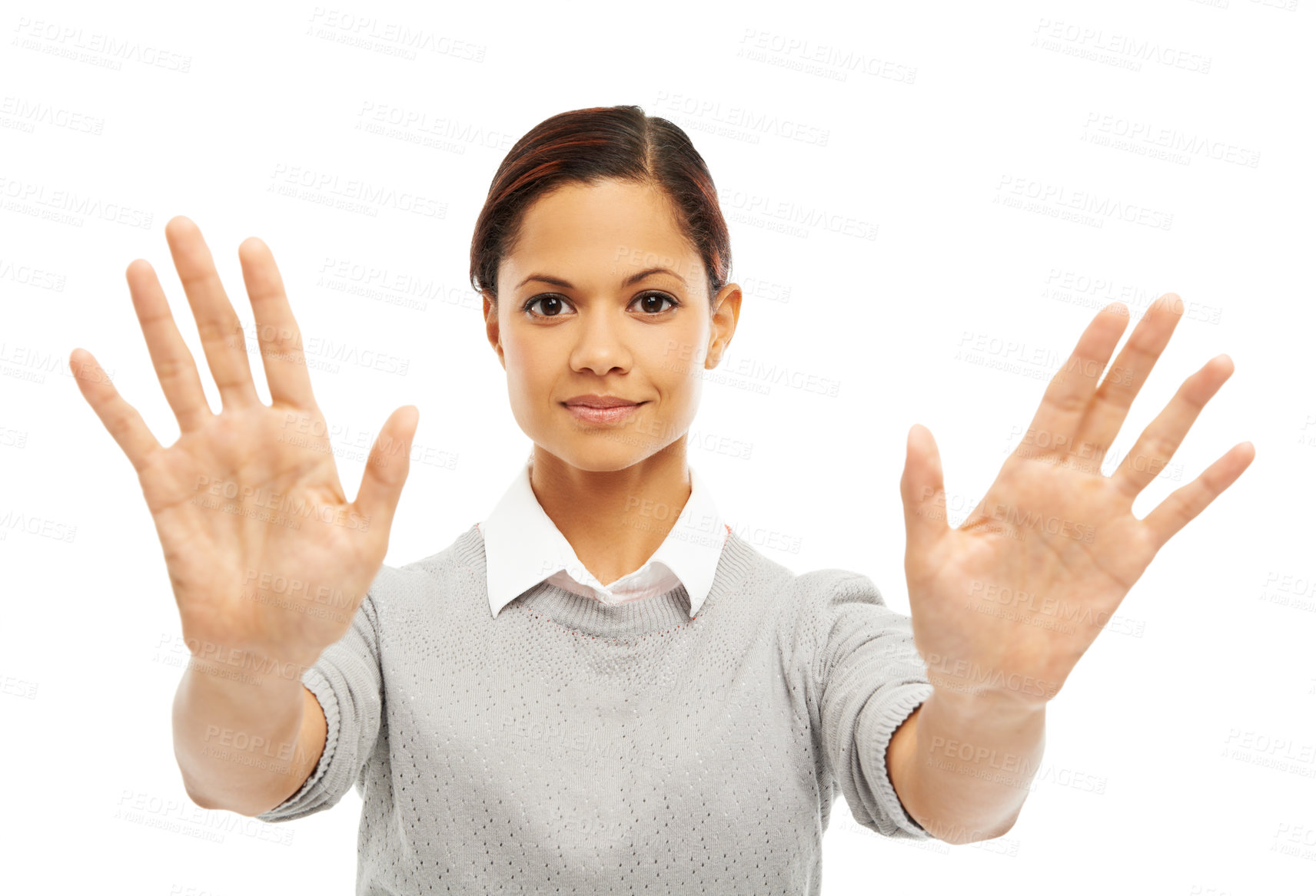 Buy stock photo Woman, portrait and stop sign with palm in studio for violence protest, fight warning and vote human rights. Female person, hand gesture and conflict caution, censored and rally on white background