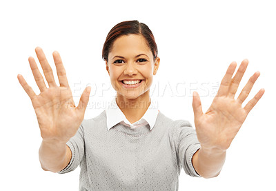 Buy stock photo Studio, portrait and happy woman with hands for stop, communication and sign language for wait. Career, sales representative and gesture by white background for rejection, opinion sign and action